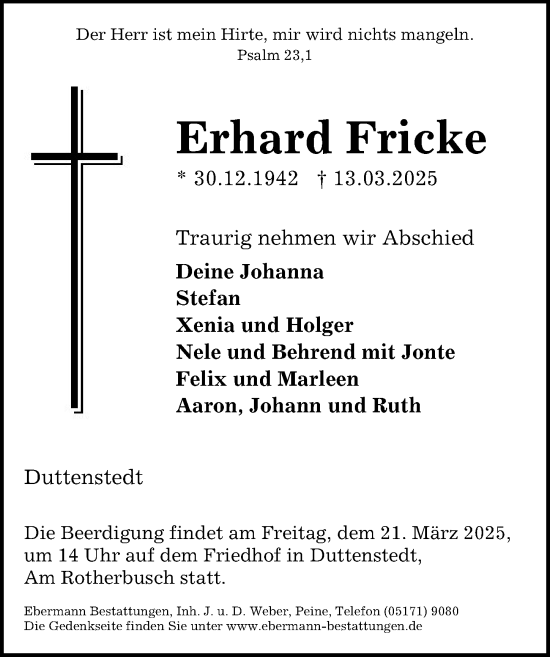 Traueranzeige von Erhard Fricke von Peiner Allgemeine Zeitung