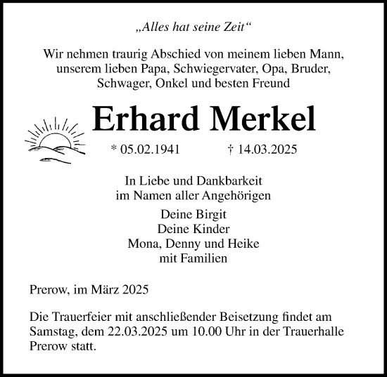 Traueranzeige von Erhard Merkel von Ostsee-Zeitung GmbH
