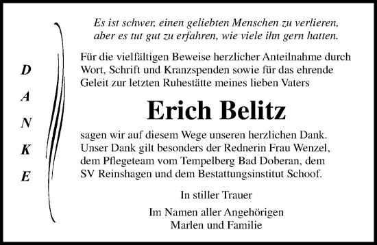 Traueranzeige von Erich Belitz von Ostsee-Zeitung GmbH