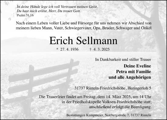 Traueranzeige von Erich Sellmann von Schaumburger Nachrichten und Schaumburger Zeitung/ Landes-Zeitung