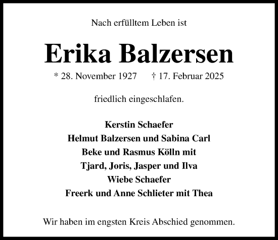 Traueranzeige von Erika Balzersen von Kieler Nachrichten