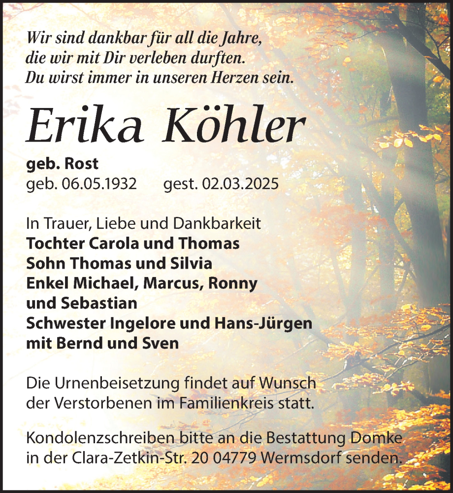  Traueranzeige für Erika Köhler vom 15.03.2025 aus Leipziger Volkszeitung