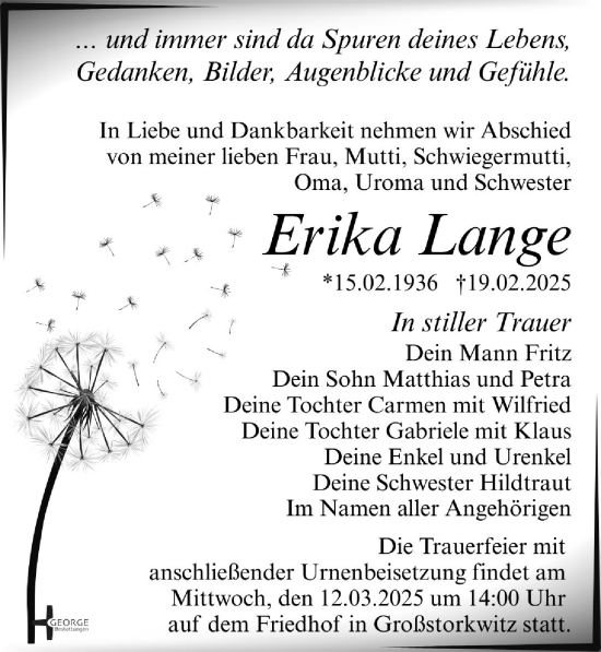 Traueranzeige von Erika Lange von Leipziger Volkszeitung