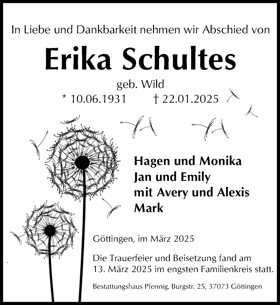  Traueranzeige für Erika Schultes vom 15.03.2025 aus Göttinger Tageblatt