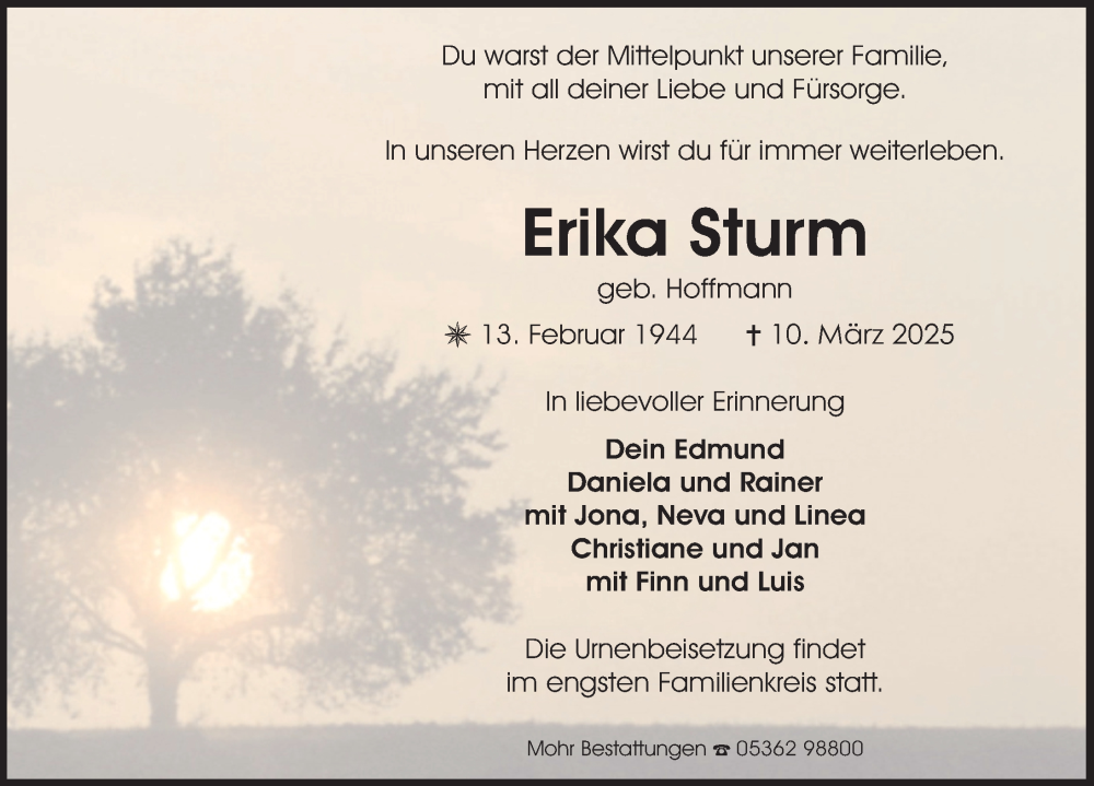  Traueranzeige für Erika Sturm vom 19.03.2025 aus Aller Zeitung