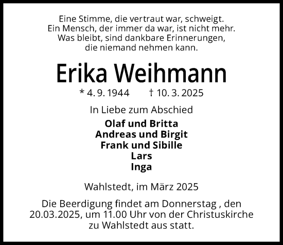 Traueranzeige von Erika Weihmann von Kieler Nachrichten