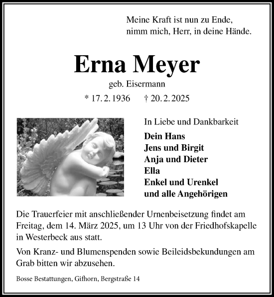 Traueranzeige von Erna Meyer von Aller Zeitung