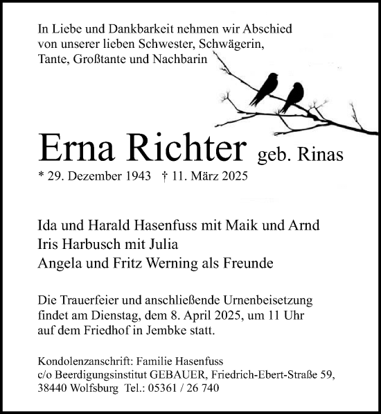 Traueranzeige von Erna Richter von Aller Zeitung