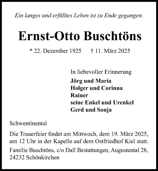 Traueranzeige von Ernst-Otto Buschtöns von Kieler Nachrichten