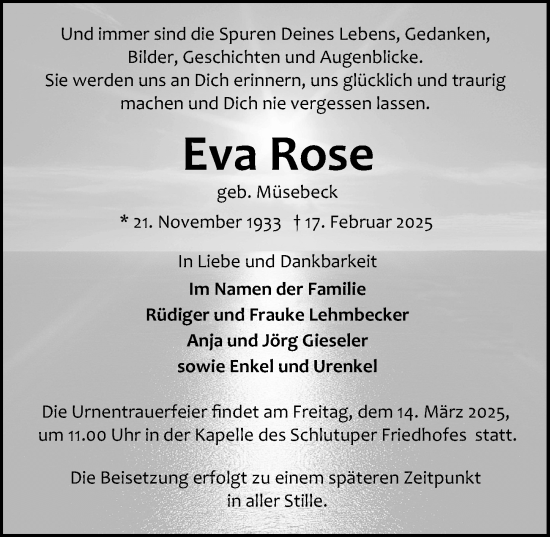 Traueranzeige von Eva Rose von Lübecker Nachrichten