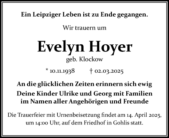 Traueranzeige von Evelyn Hoyer von Leipziger Volkszeitung