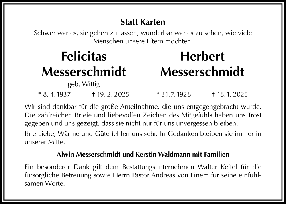  Traueranzeige für Felicitas Messerschmidt vom 22.03.2025 aus Täglicher Anzeiger Holzminden
