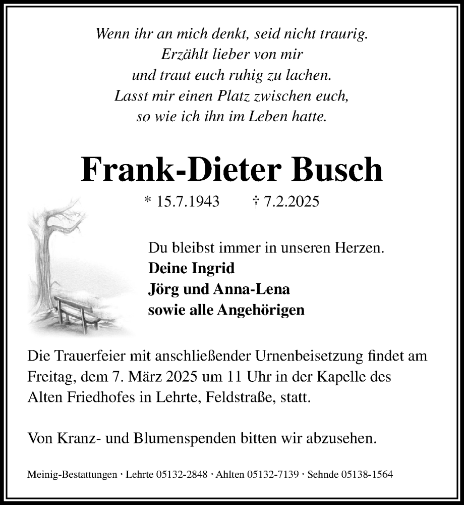  Traueranzeige für Frank-Dieter Busch vom 01.03.2025 aus Hannoversche Allgemeine Zeitung/Neue Presse