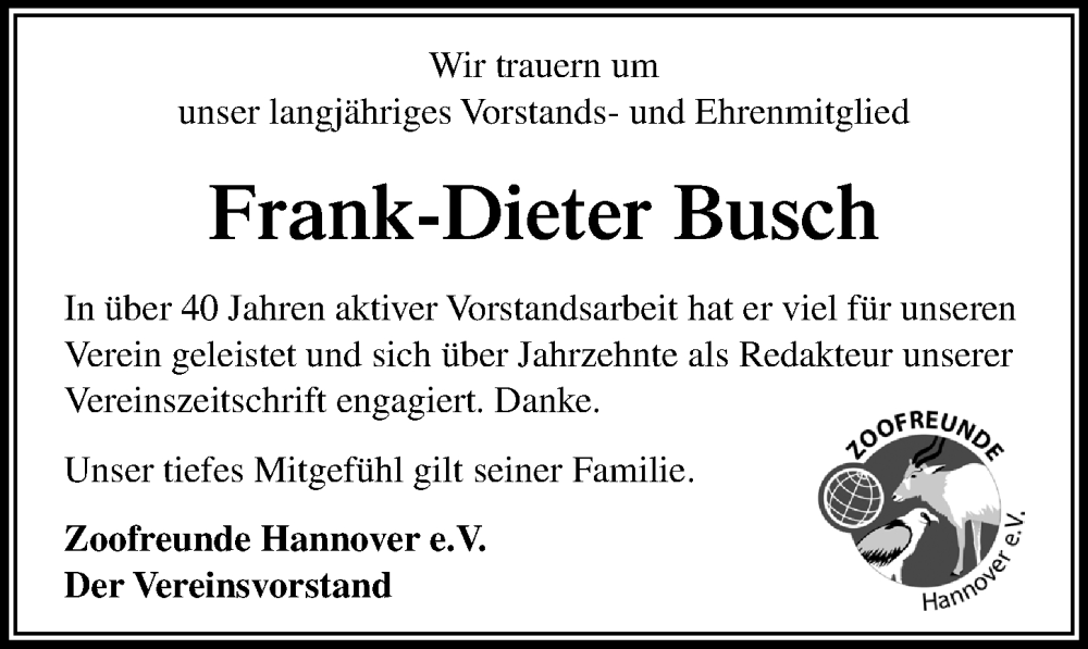 Traueranzeige für Frank-Dieter Busch vom 01.03.2025 aus Hannoversche Allgemeine Zeitung/Neue Presse