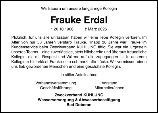 Traueranzeige von Frauke Erdal von Ostsee-Zeitung GmbH
