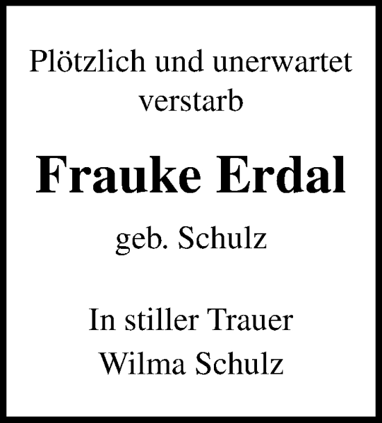 Traueranzeige von Frauke Erdal von Ostsee-Zeitung GmbH