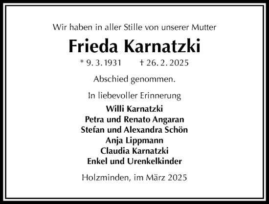 Traueranzeige von Frieda Karnatzki von Täglicher Anzeiger Holzminden