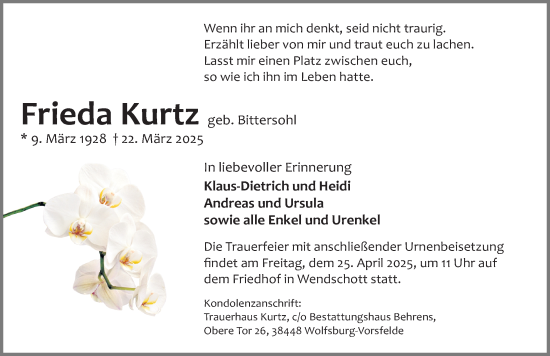 Traueranzeige von Frieda Kurtz von Aller Zeitung