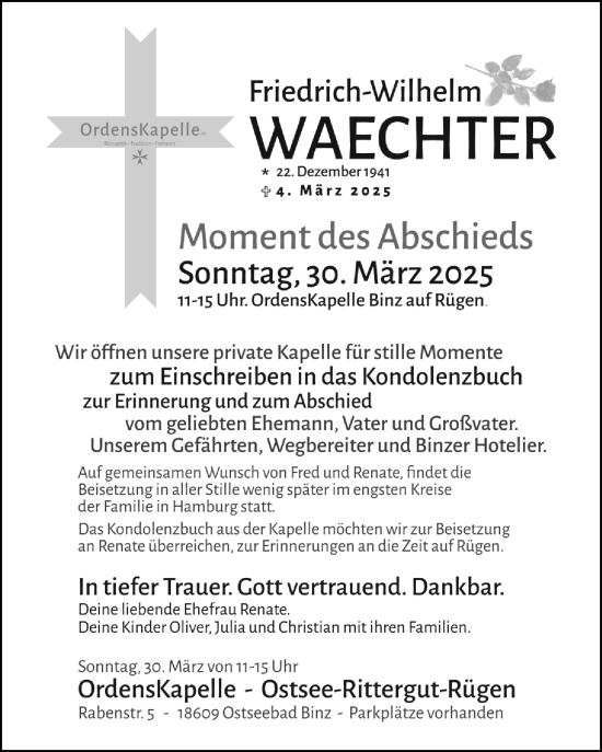 Traueranzeige von Friedrich-Wilhelm Wächter von Ostsee-Zeitung GmbH