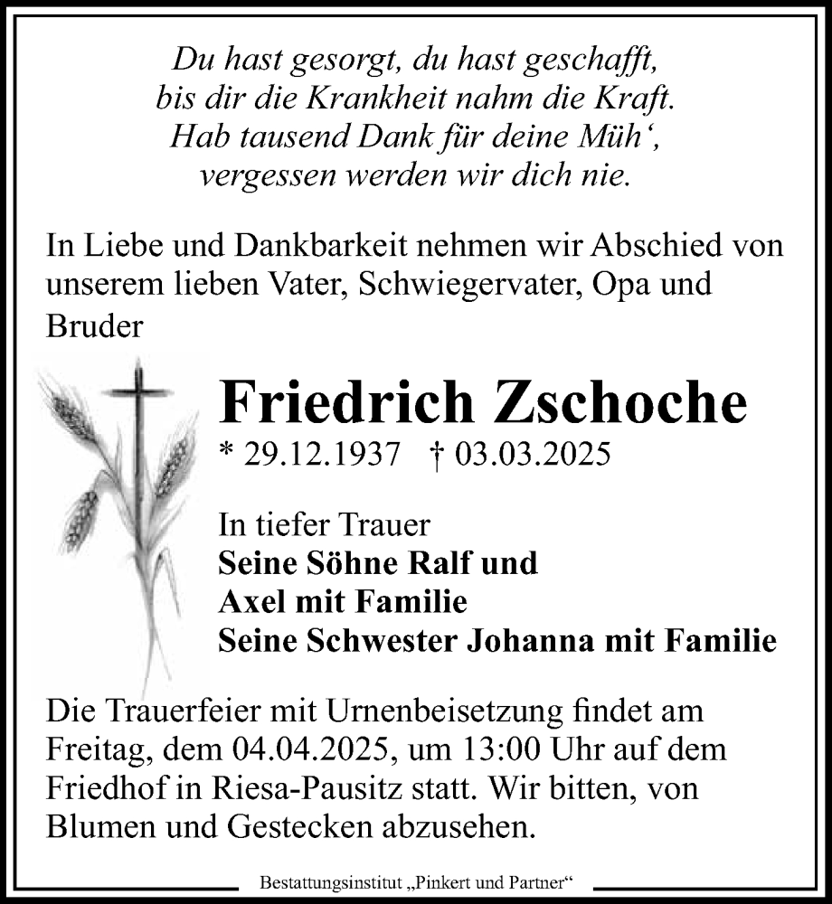  Traueranzeige für Friedrich Zschoche vom 08.03.2025 aus Sächsische Zeitung