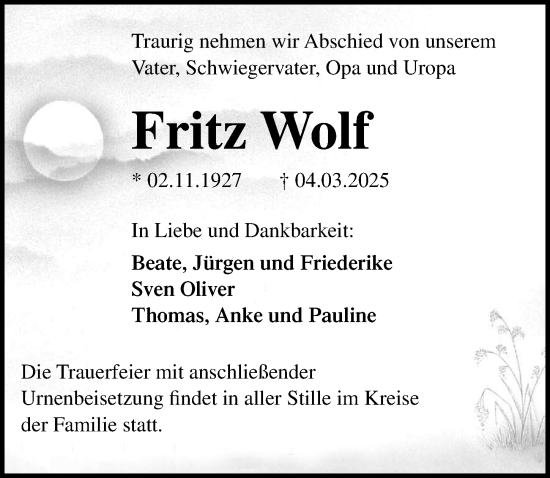 Traueranzeige von Fritz Wolf von Ostsee-Zeitung GmbH