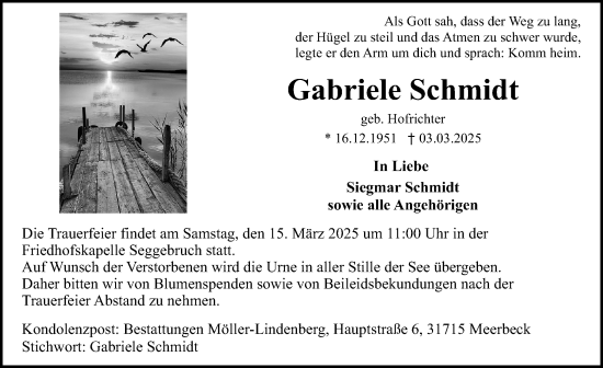 Traueranzeige von Gabriele Schmidt von Schaumburger Nachrichten