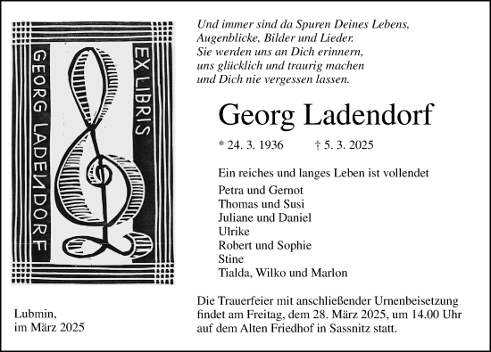 Traueranzeige von Georg Ladendorf von Ostsee-Zeitung GmbH