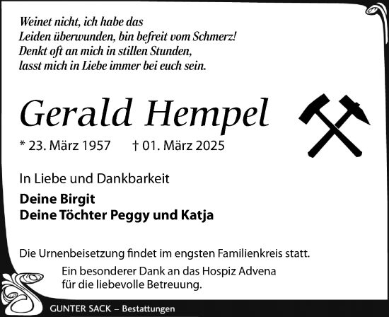 Traueranzeige von Gerald Hempel von Leipziger Volkszeitung