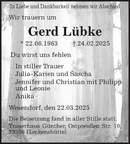 Traueranzeige von Gerd Lübke von Aller Zeitung