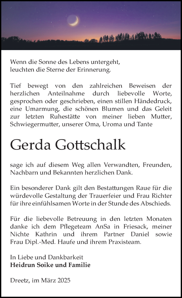  Traueranzeige für Gerda Gottschalk vom 22.03.2025 aus Wochenspiegel