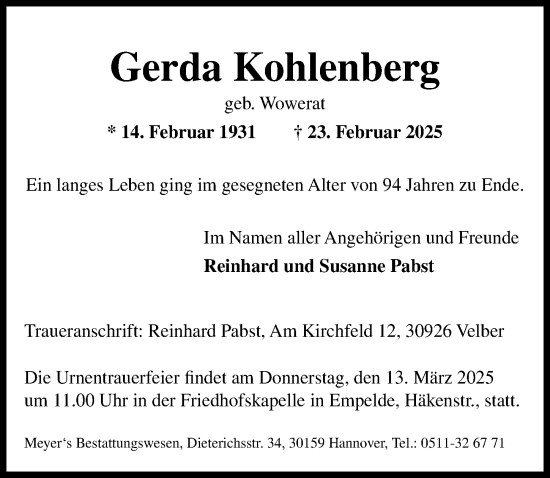 Traueranzeige von Gerda Kohlenberg von Hannoversche Allgemeine Zeitung/Neue Presse