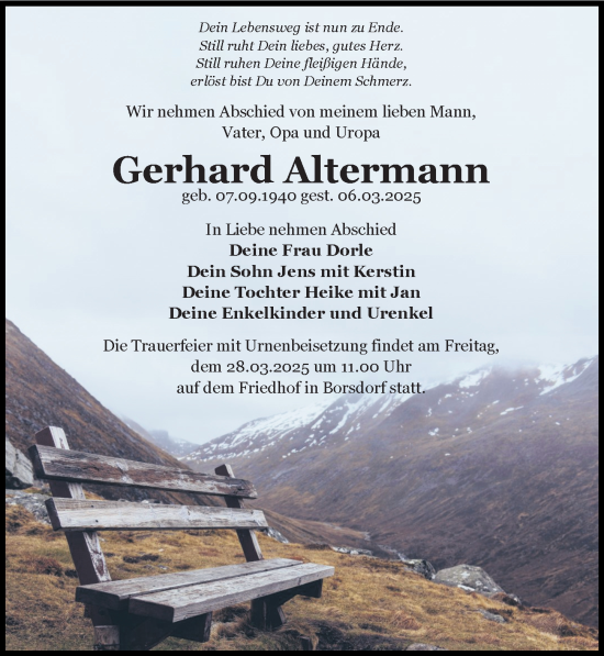 Traueranzeige von Gerhard Altermann von Leipziger Volkszeitung