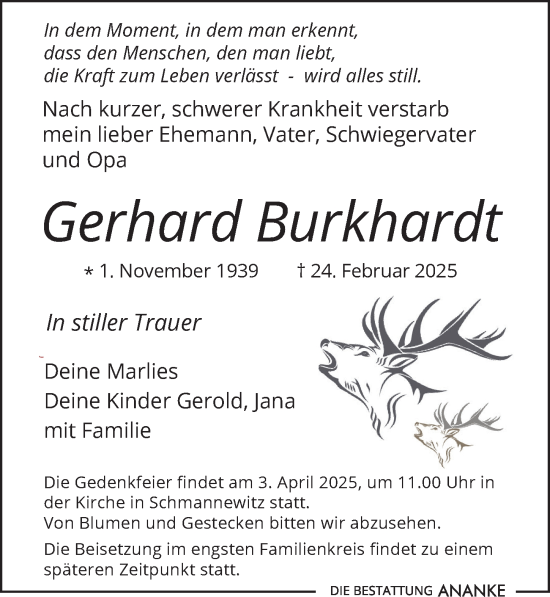 Traueranzeige von Gerhard Burkhardt von Leipziger Volkszeitung