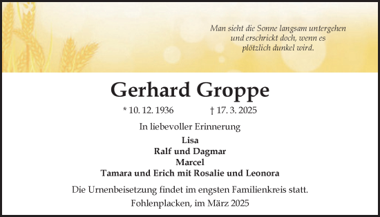 Traueranzeige von Gerhard Groppe von Täglicher Anzeiger Holzminden
