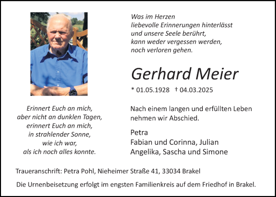 Traueranzeige von Gerhard Meier von Täglicher Anzeiger Holzminden