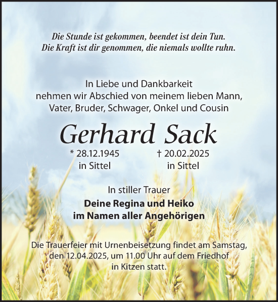 Traueranzeige von Gerhard Sack von Leipziger Volkszeitung