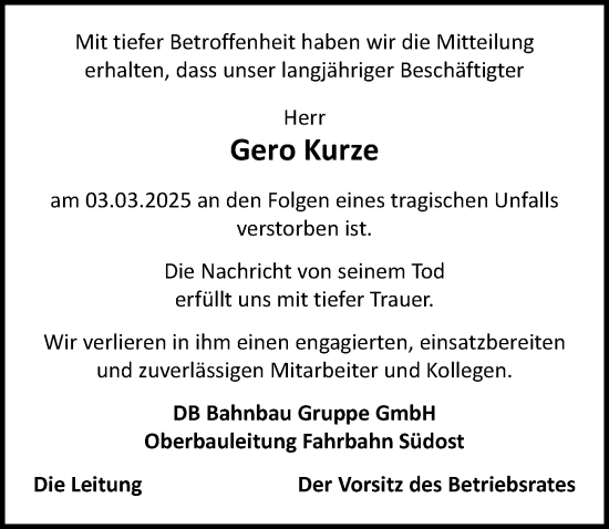 Traueranzeige von Gero Kurze von Sächsische Zeitung