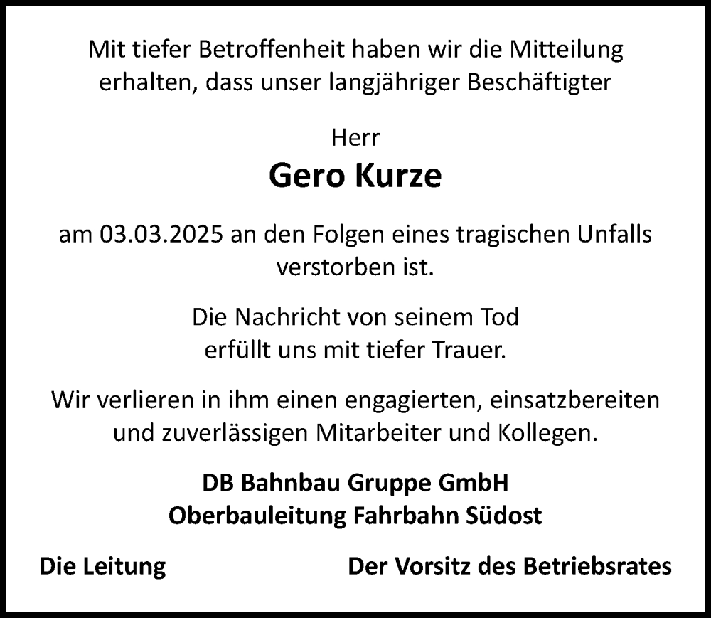  Traueranzeige für Gero Kurze vom 29.03.2025 aus Sächsische Zeitung