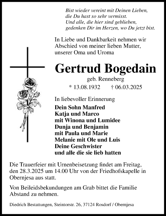 Traueranzeige von Gertrud Bogedain von Göttinger Tageblatt