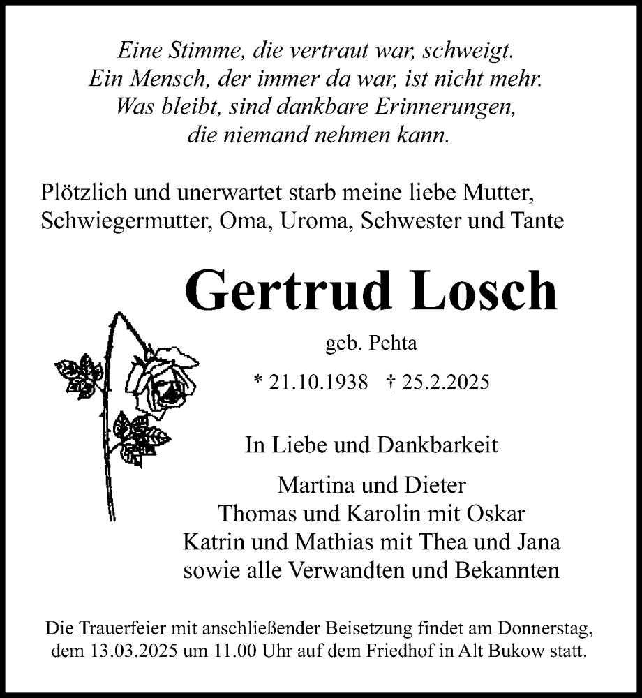  Traueranzeige für Gertrud Losch vom 01.03.2025 aus Ostsee-Zeitung GmbH