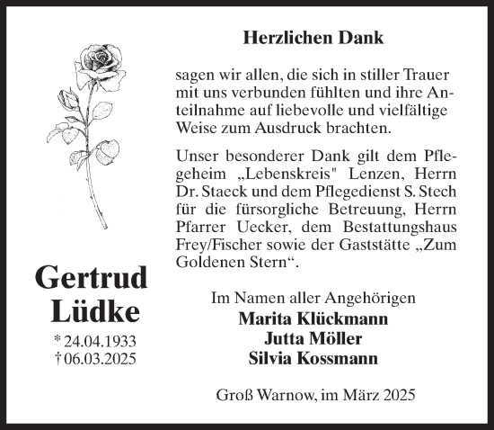 Traueranzeige von Gertrud Lüdke von Wochenspiegel