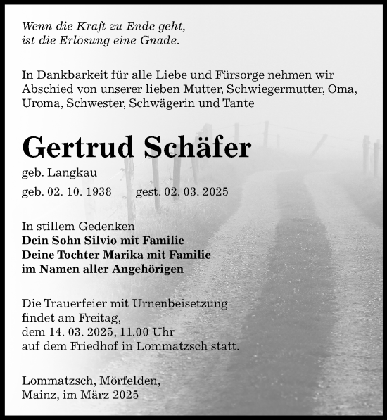Traueranzeige von Gertrud Schäfer von Sächsische Zeitung
