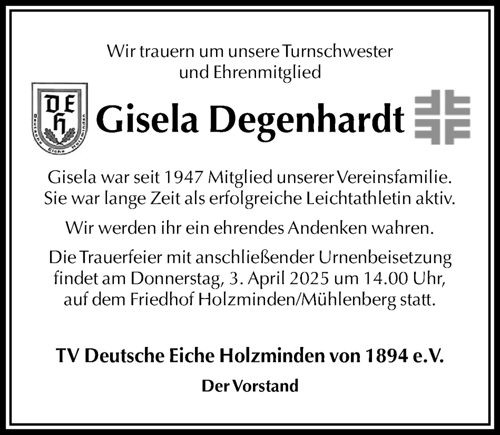  Traueranzeige für Gisela Degenhardt vom 29.03.2025 aus Täglicher Anzeiger Holzminden