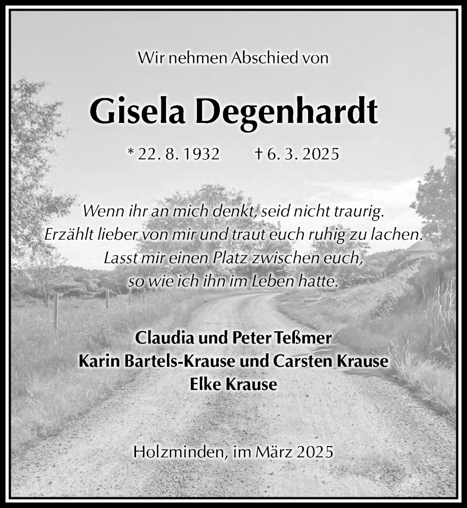  Traueranzeige für Gisela Degenhardt vom 15.03.2025 aus Täglicher Anzeiger Holzminden