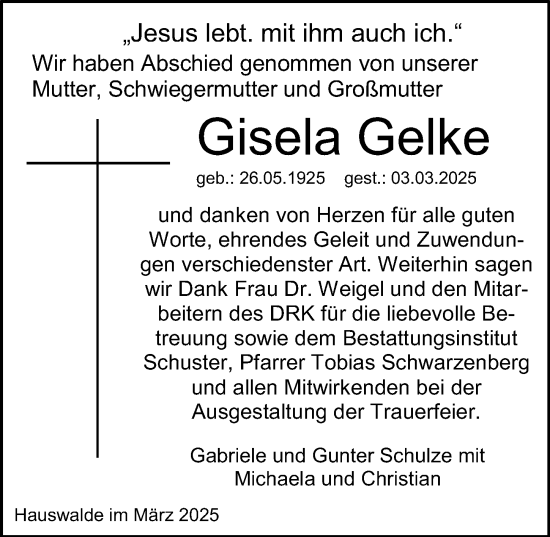 Traueranzeige von Gisela Gelke von Sächsische Zeitung