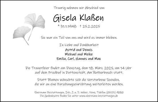 Traueranzeige von Gisela Kalkew von Peiner Allgemeine Zeitung