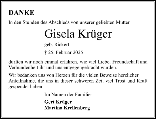 Traueranzeige von Gisela Krüger von Lübecker Nachrichten