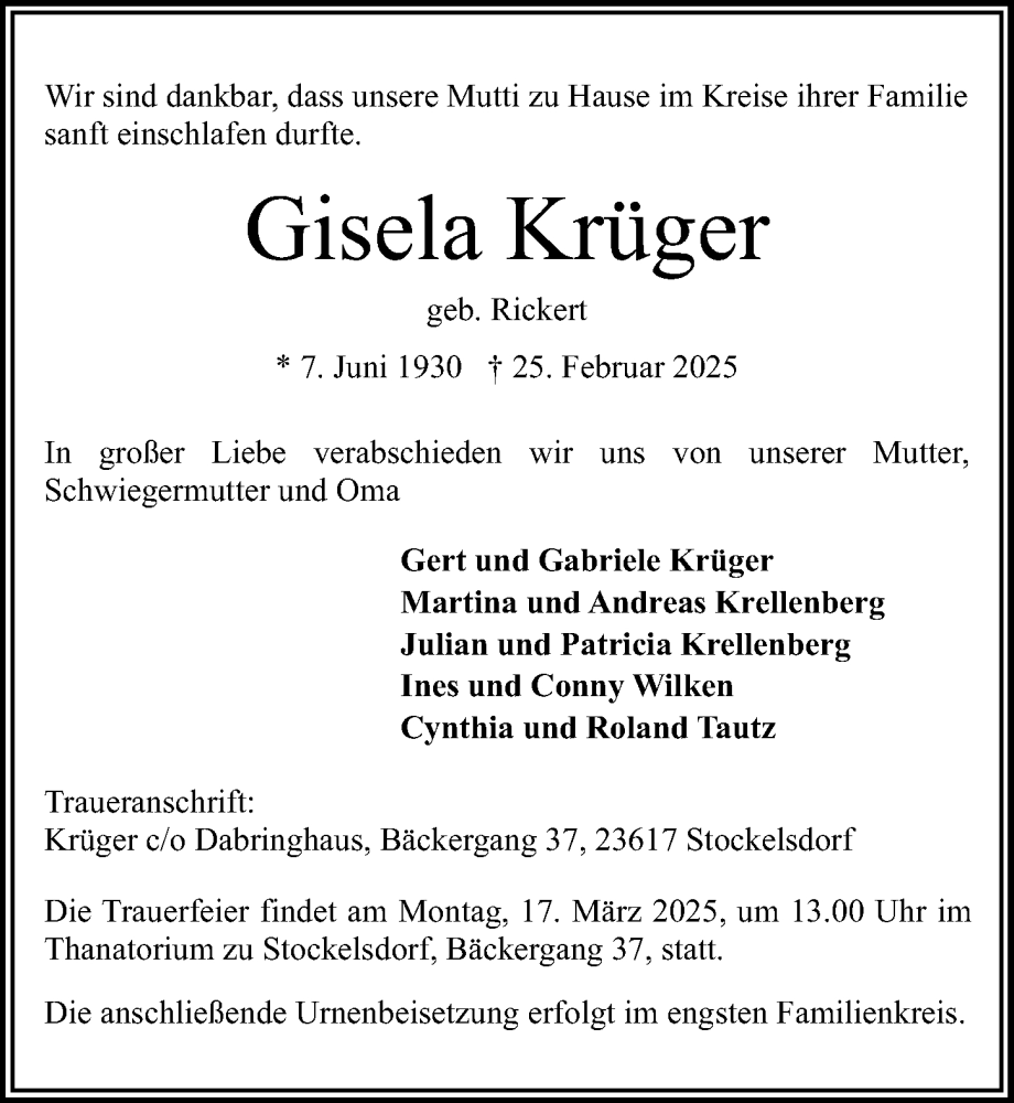  Traueranzeige für Gisela Krüger vom 02.03.2025 aus Lübecker Nachrichten