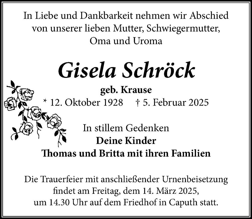  Traueranzeige für Gisela Schröck vom 01.03.2025 aus Märkischen Allgemeine Zeitung