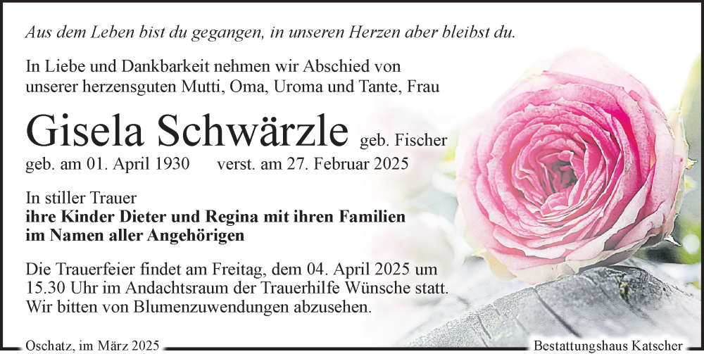  Traueranzeige für Gisela Schwärzle vom 08.03.2025 aus Leipziger Volkszeitung